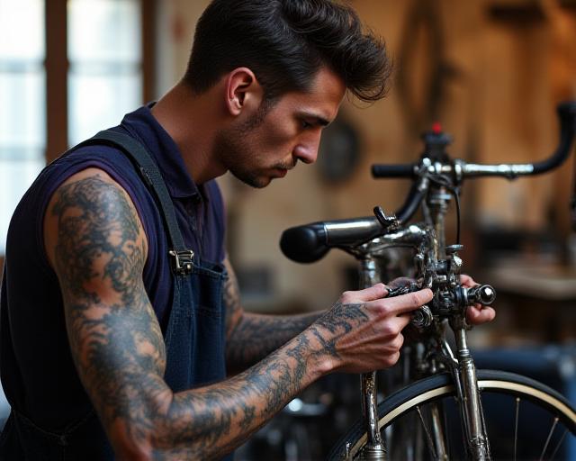 Meccanico esperto al lavoro su una bicicletta vintage a Roma